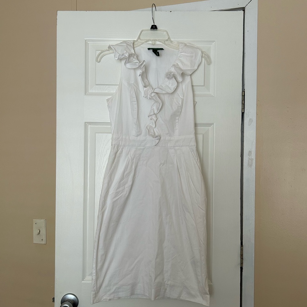 Lauren Ralph Lauren White Ruffle V-Neck Sleeveless Midi Dress